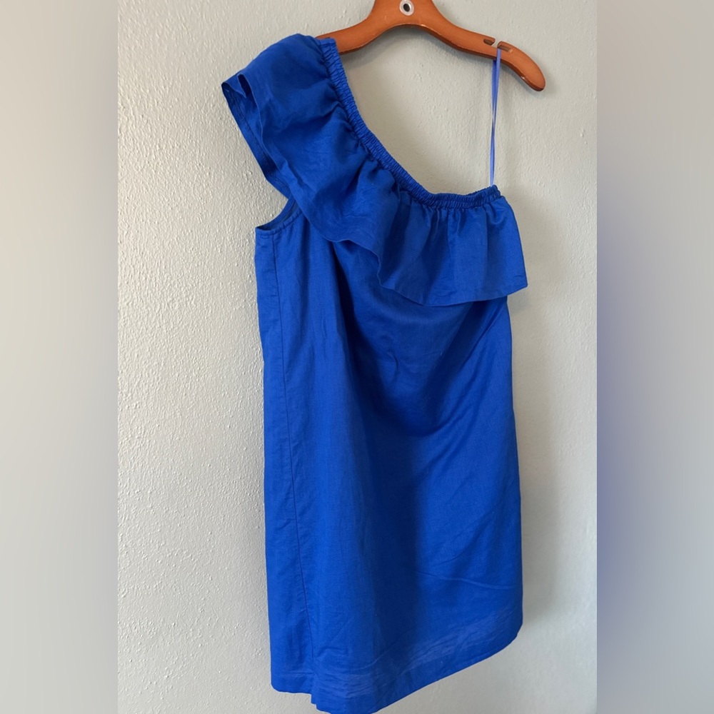 J.CREW One Shoulder Ruffle Linen Mini Dress | Cobalt Blue | Womens S